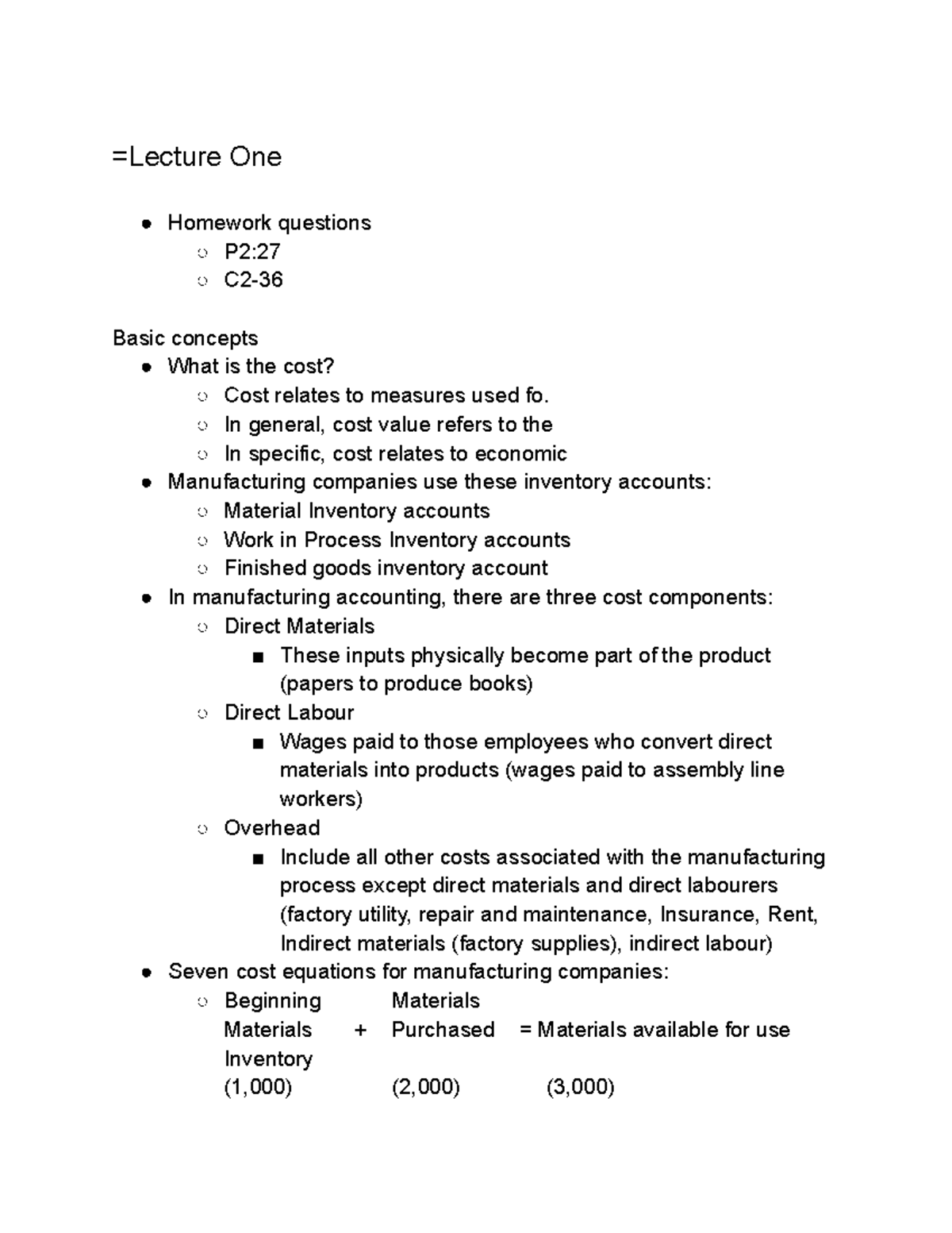 ACC406 - Lecture Notes on Chapters 1-2: Cost Concepts & Equations - Studocu