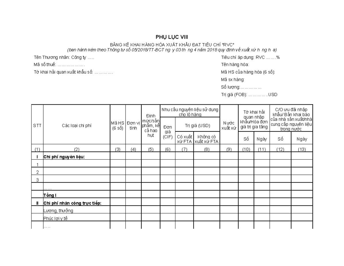 PHỤ LỤC BẢNG KÊ KHAI HÀNG HÓA XUẤT KHẨU RVC - Studocu
