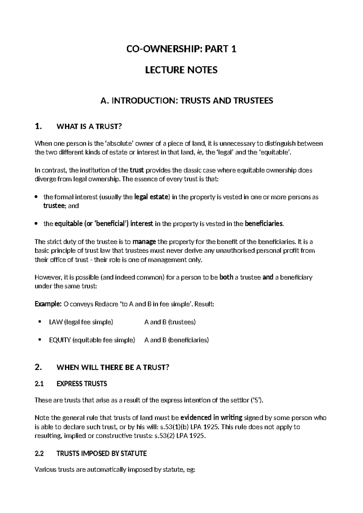 Lecture 8 - co ownership pt1 - CO-OWNERSHIP: PART 1 LECTURE NOTES A ...