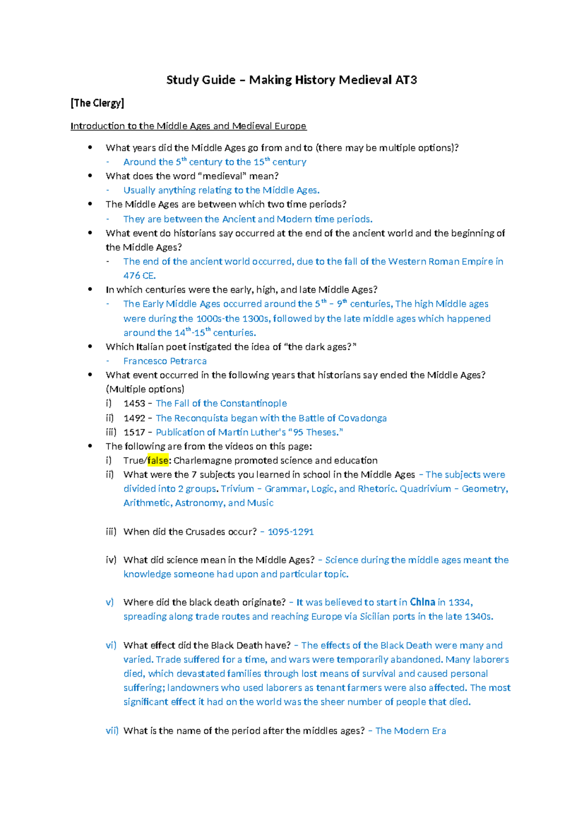 Making History Study Guide: Medieval AT3 Overview of the Middle Ages ...