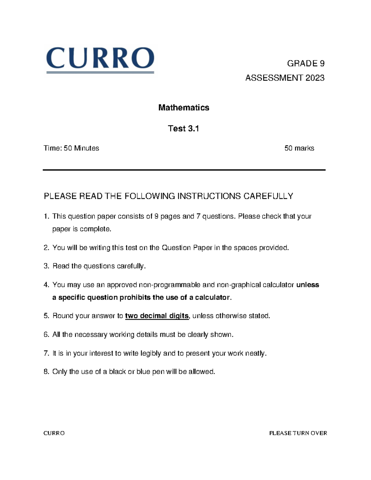 GRADE 9 MATHEMATICS ASSESSMENT 2023 Test 3.1 Question Paper - Studocu