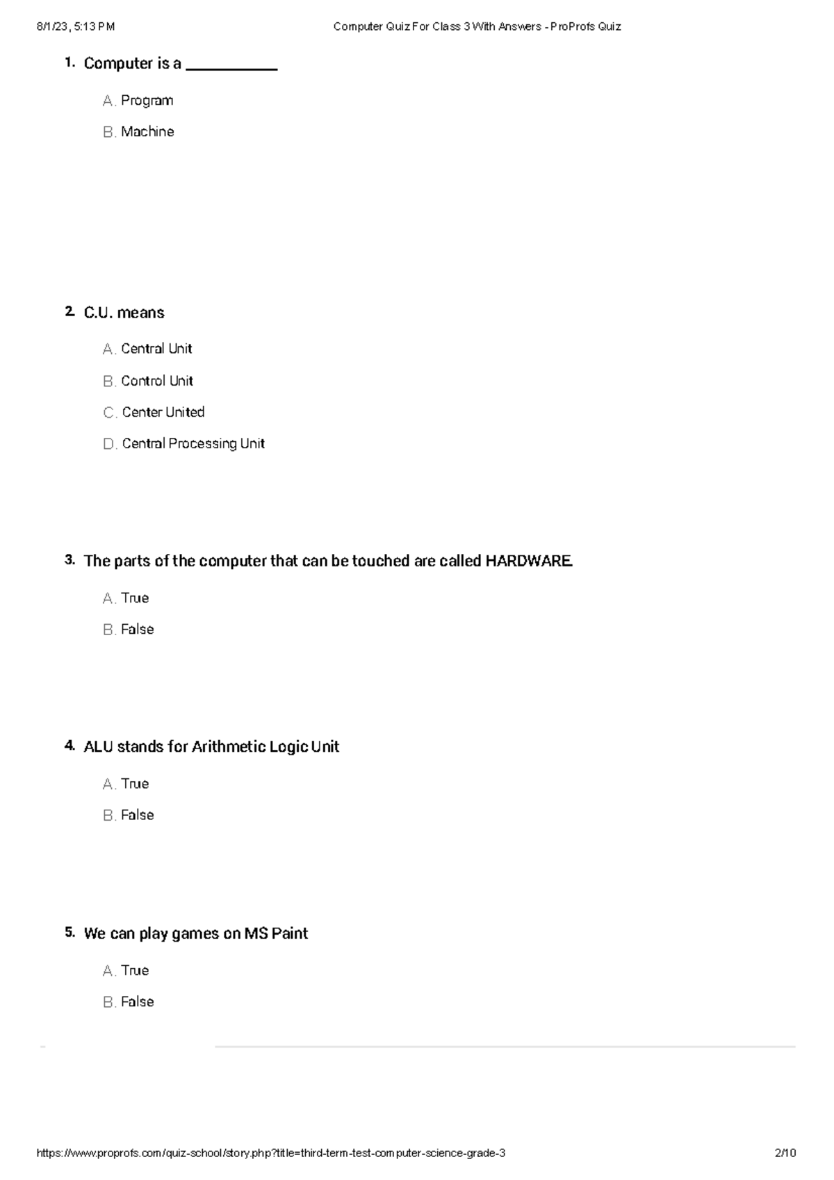 Computer Quiz Class 3: Questions & Answers for Students - Studocu