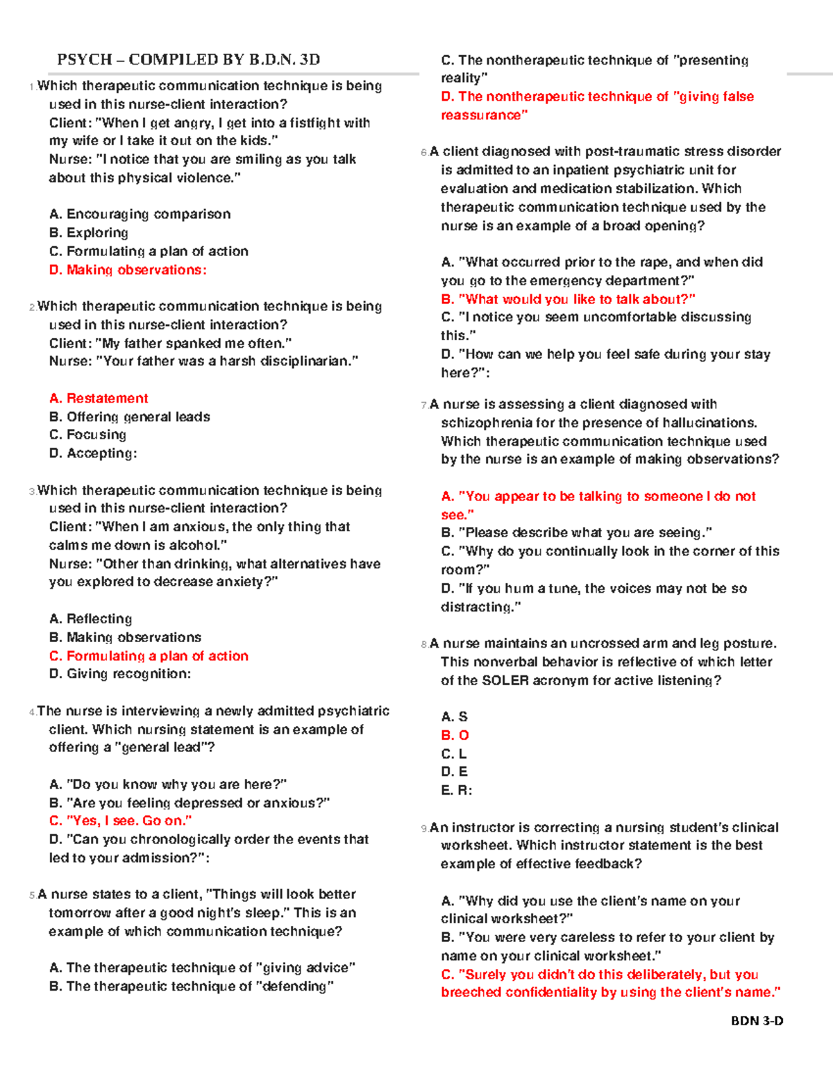 PSYCH BDN Therapeutic Communication Techniques Study Guide - Studocu
