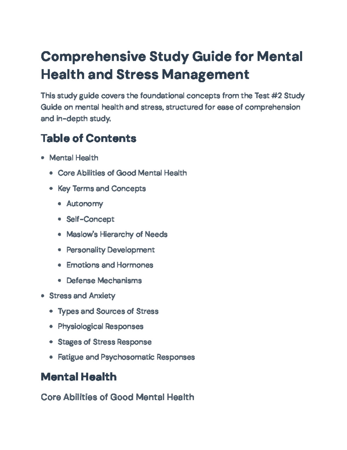 Comprehensive Study Guide for Mental Health & Stress Management - Table ...