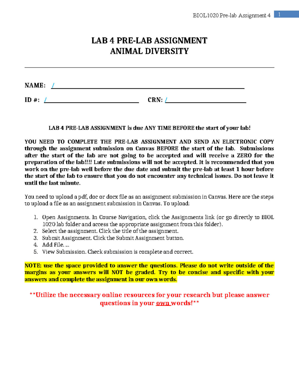 BIOL1020 Lab 4 Assignment: Animal Diversity Pre-Lab Guide - Studocu