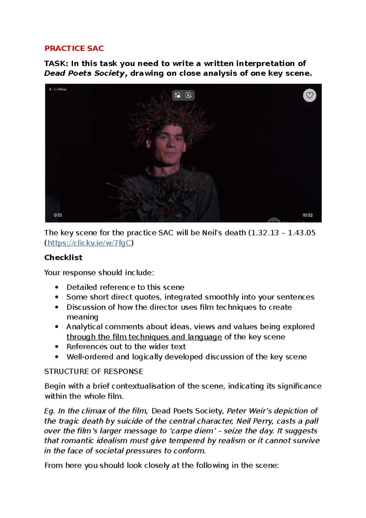 DPS Practice SAC: Analyzing Neil's Death Scene in Dead Poets Society ...