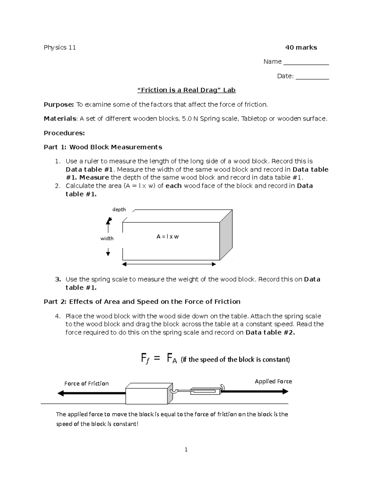 Physics 11 Lab: Exploring Force of Friction and Its Factors - Studocu