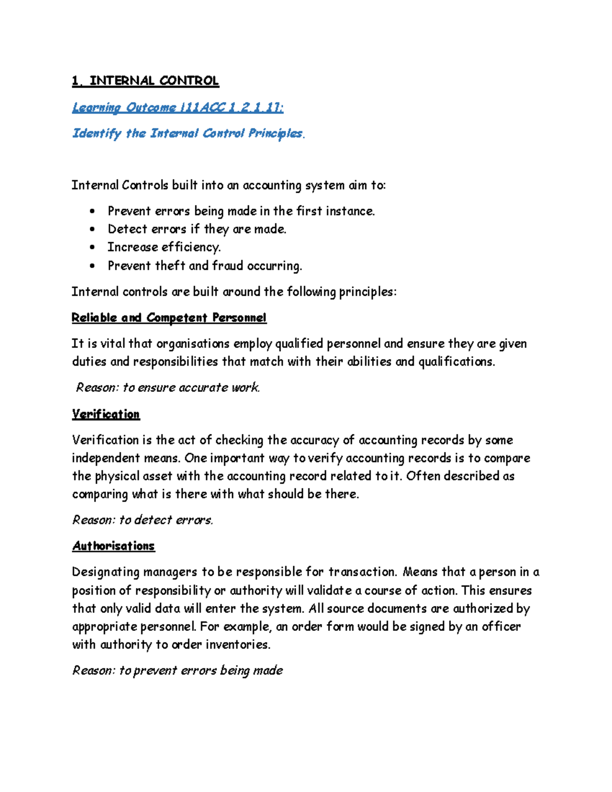 Internal Control Principles: Key Notes and Applications - Studocu