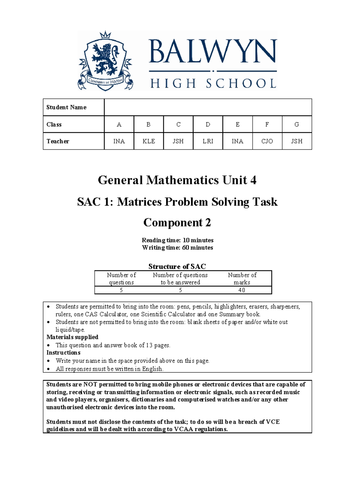 2023 General Mathematics Unit 4 SAC 1: Matrices Problem Solving Task ...