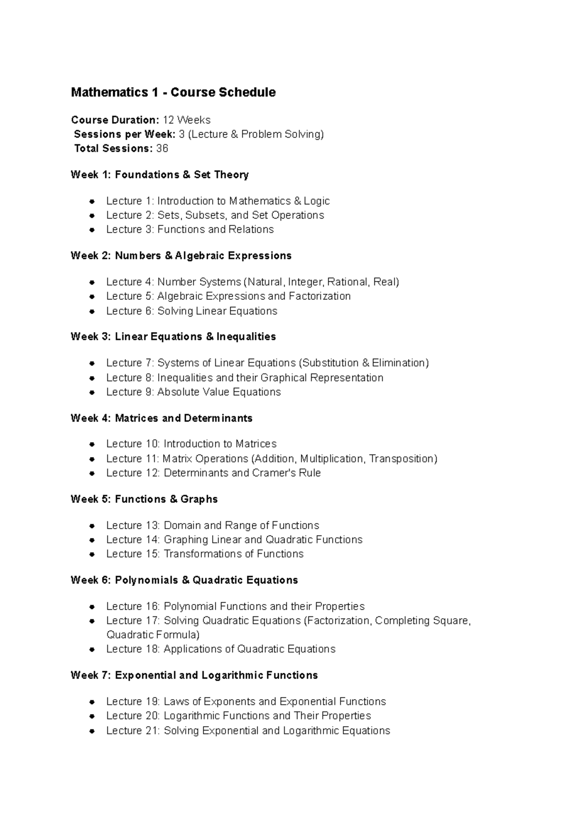 MAT1 - 12-Week Course Schedule: Lectures & Problem Solving Overview ...
