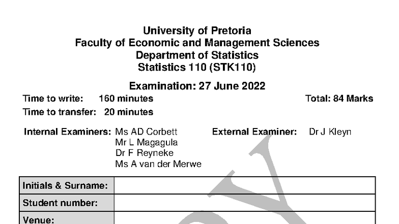 STK110 - Statistics 110 Final Exam Instructions and Guidelines - Studocu