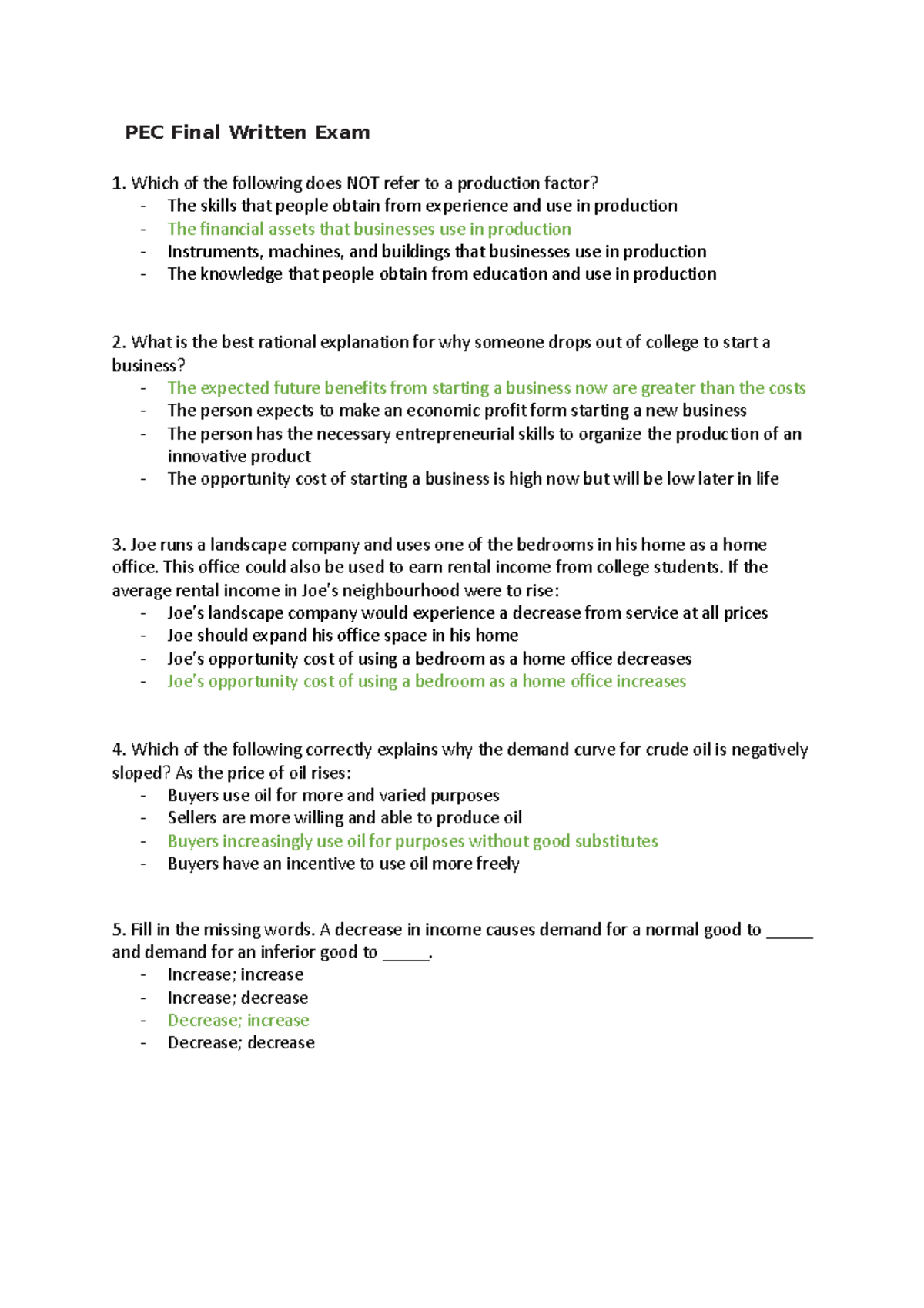 PEC Final Exam Practice Questions and Answers - Studeersnel