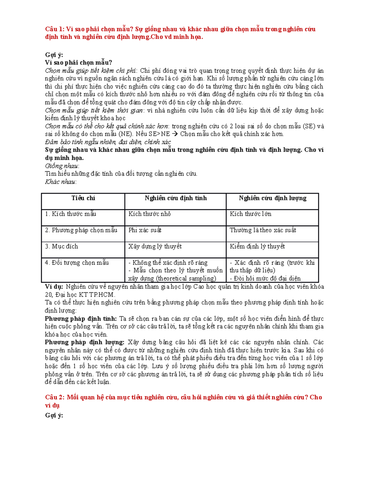 Câu hỏi ôn tập PPNCKH: Chọn mẫu trong Nghiên cứu Định tính & Định lượng - Document Preview