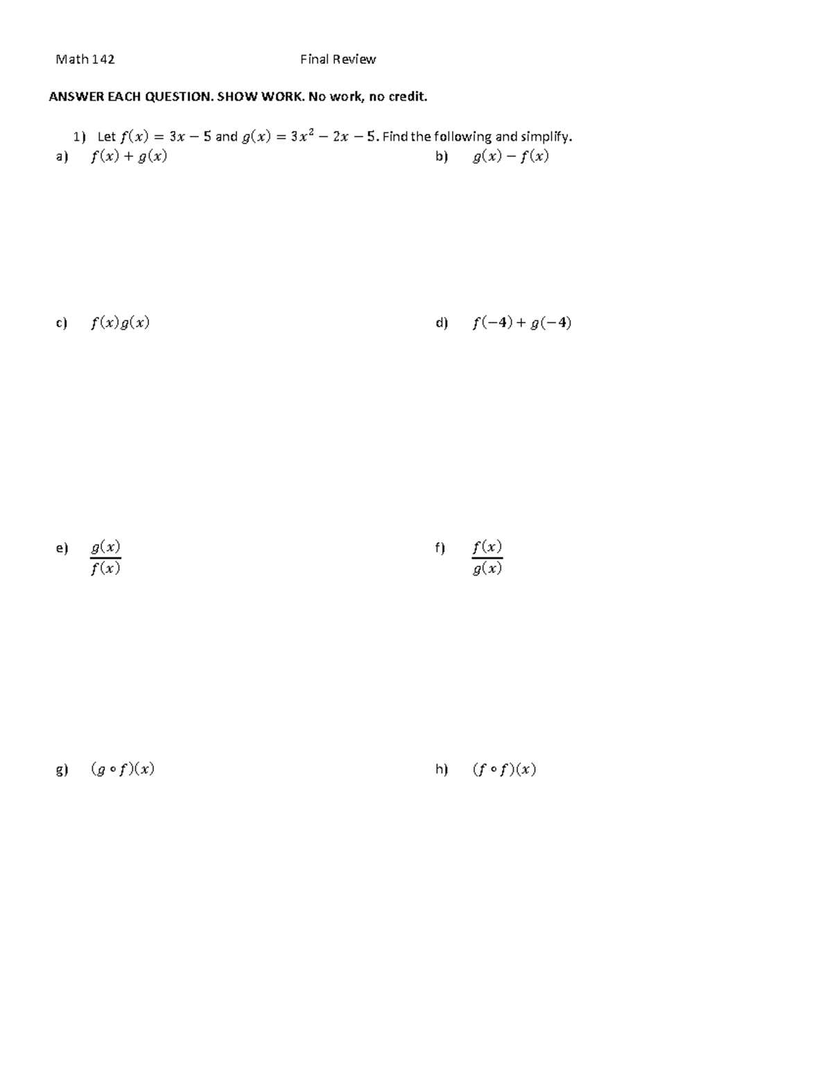 Math 142 Final Exam Review - Show Work for Full Credit - Studocu