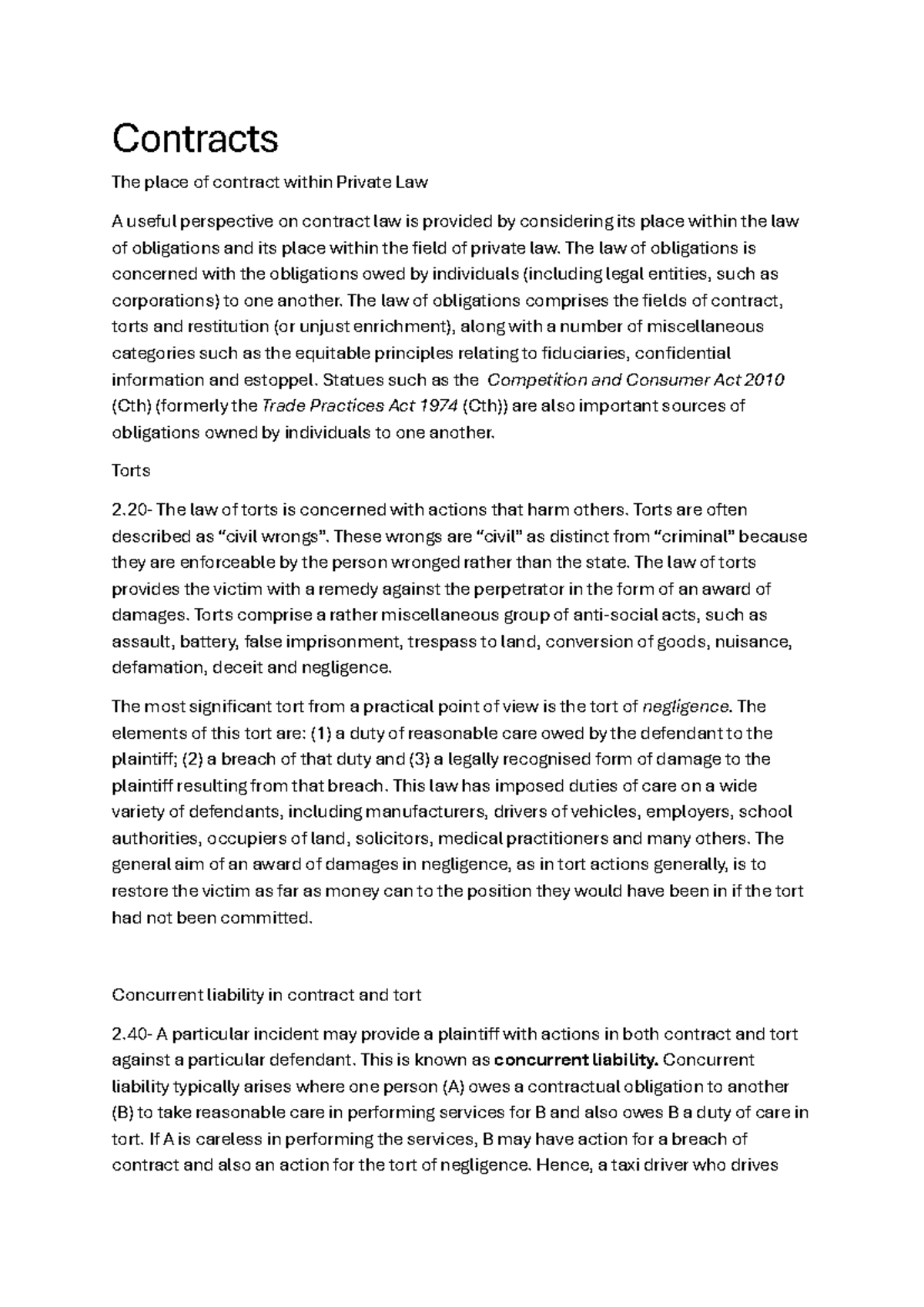 Contracts (LAW101) Mini Notes: Understanding Obligations and Torts ...