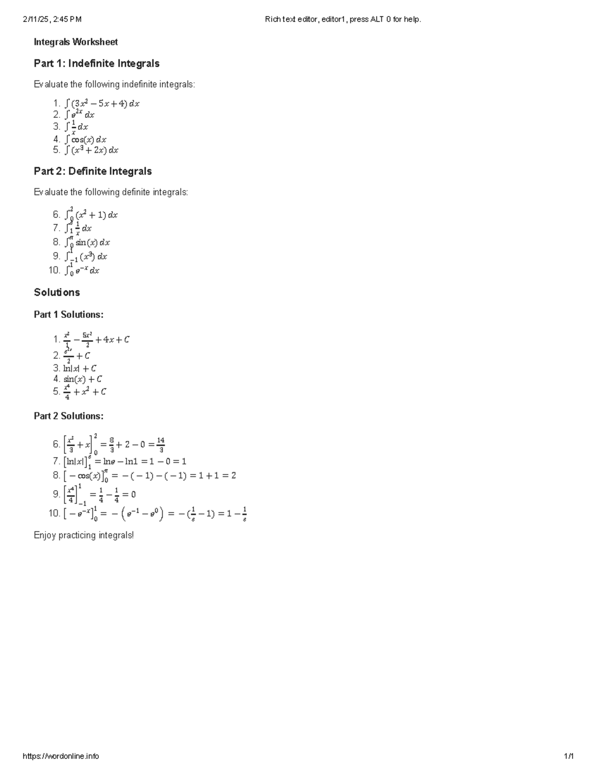 Pp - practice - Integrals Worksheet Part 1: Indefinite Integrals ...