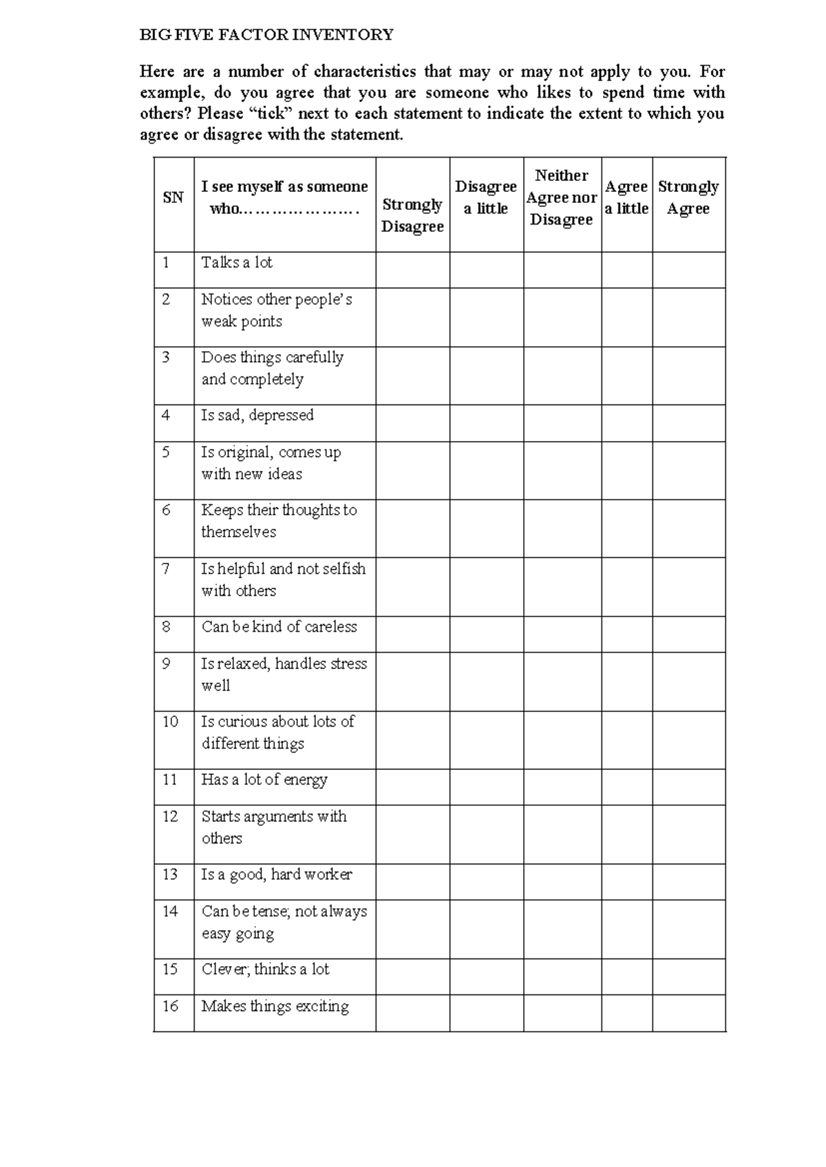 BFI Scale - Big Five Personality Inventory used in the measure of ...