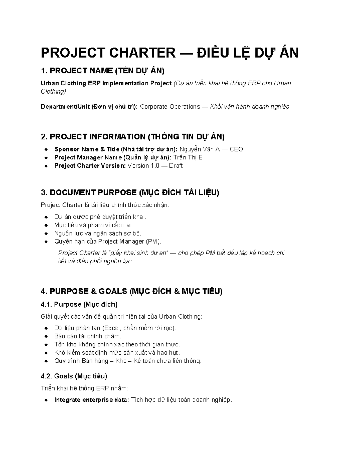 PROJECT CHARTER: ERP Implementation for Urban Clothing - Studocu