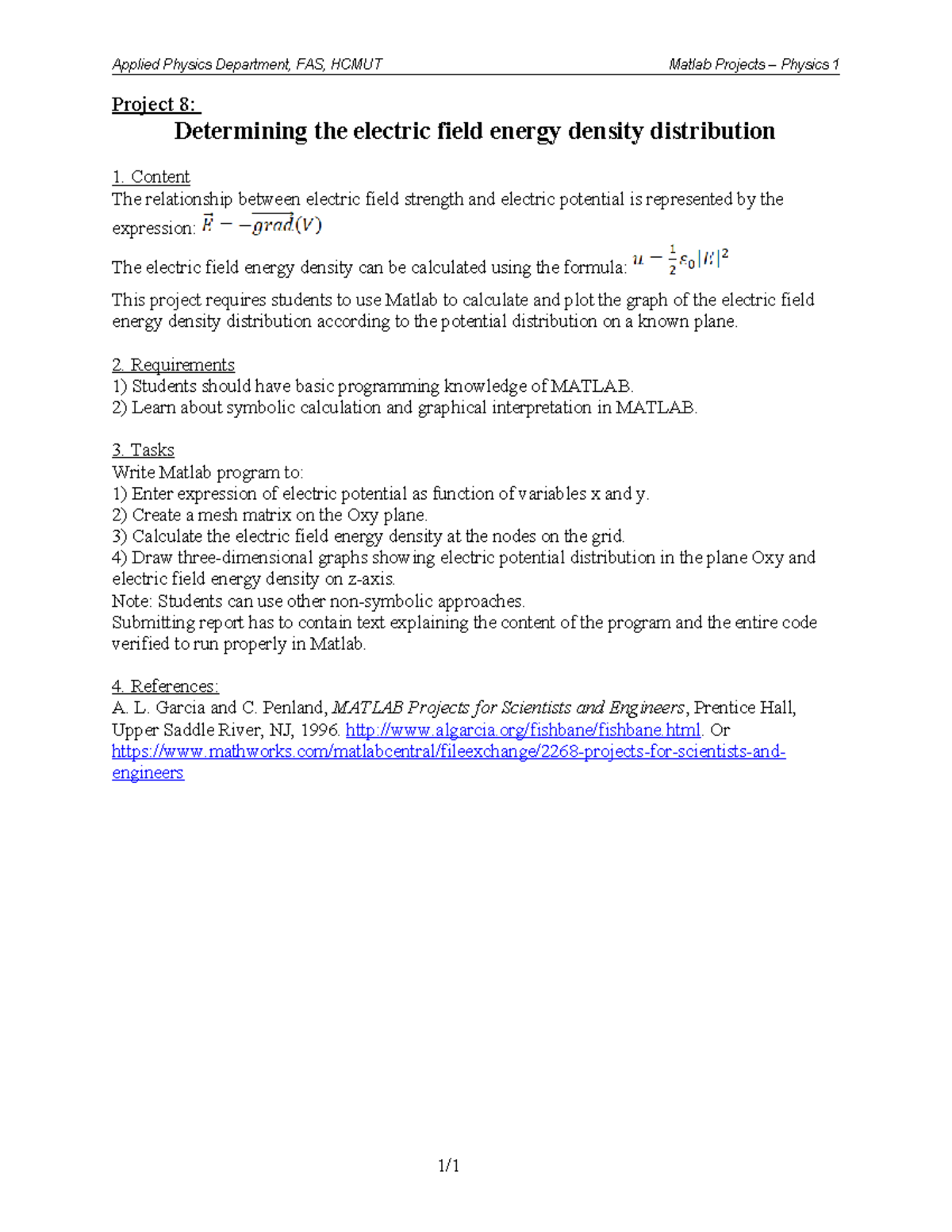 Physics 1 Project 8: Electric Field Energy Density in MATLAB - Studocu