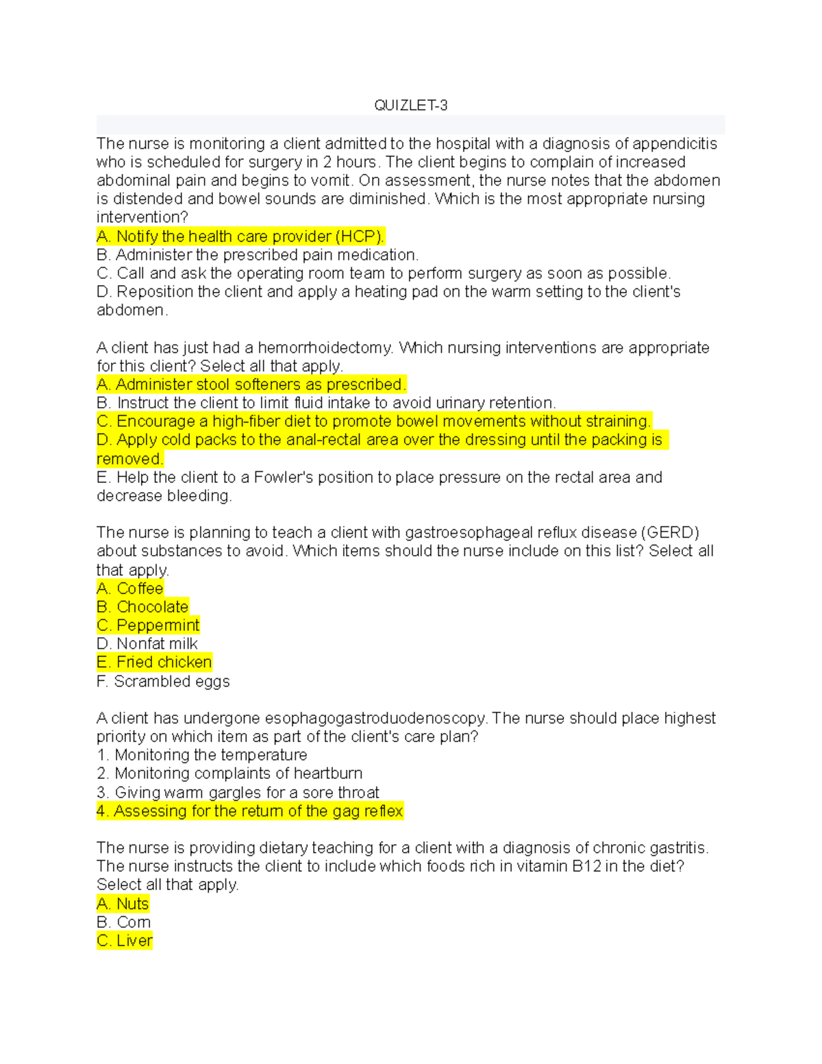 Quizlet-GI2 - Nursing Practice Questions on Gastrointestinal Disorders ...