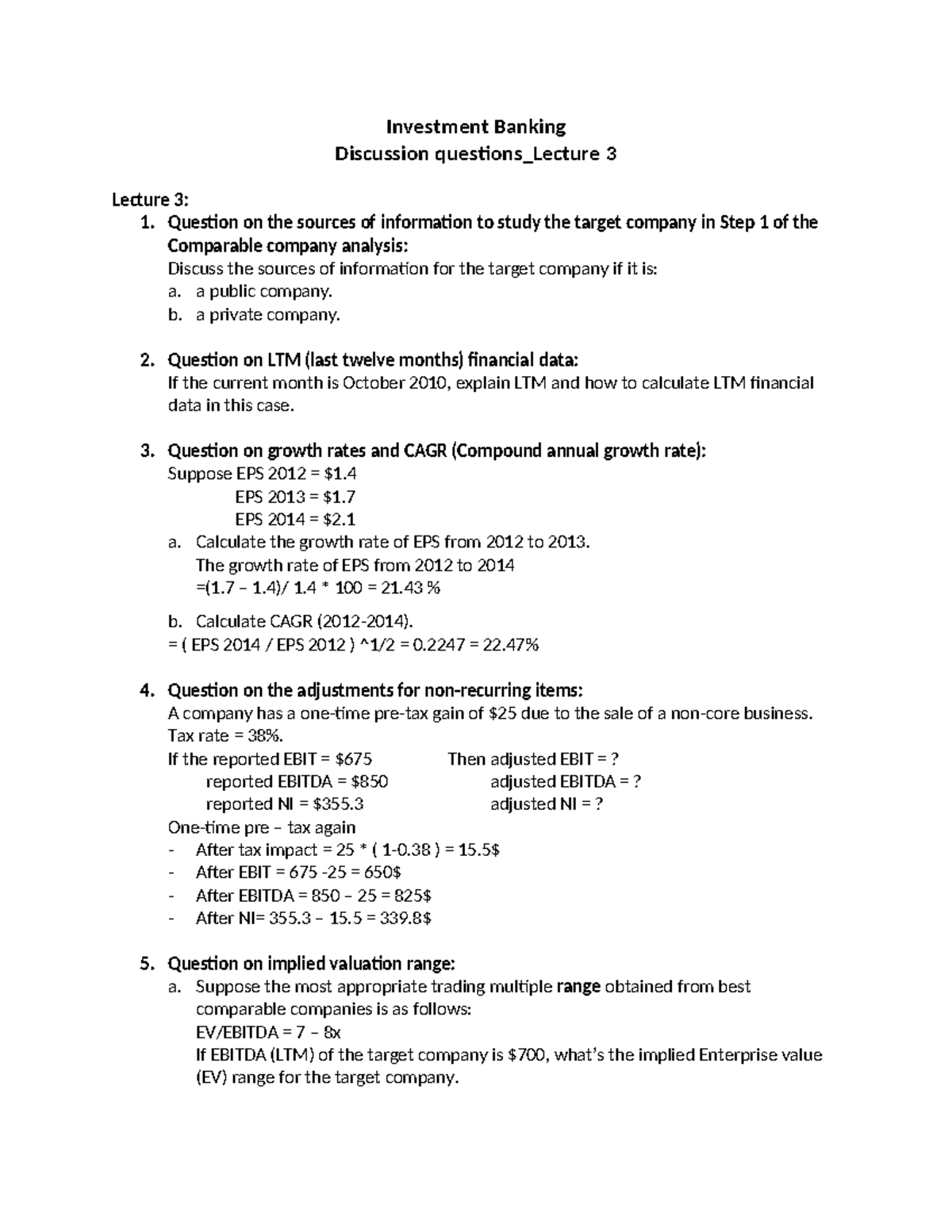 Investment Banking IB Discussion Questions Lecture 3 with Answers - Studocu