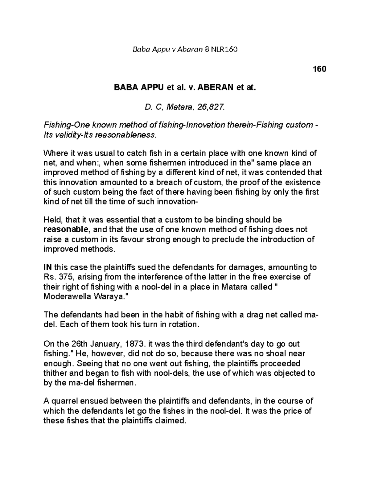 Baba Appu v Abaran: Custom and Fishing Rights Case Study 8 NLR160 - Studocu