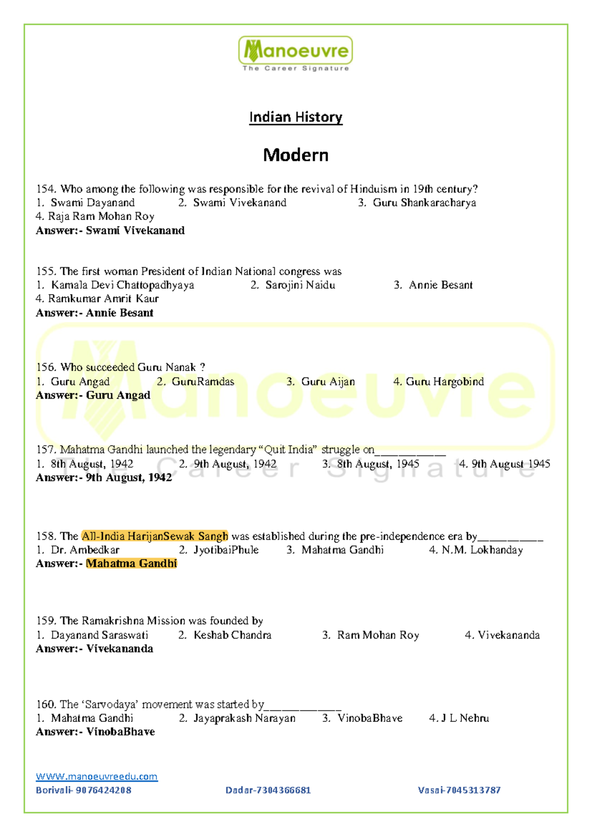 Indian History Modern: Key Questions and Answers for Exam 154-298 - Studocu