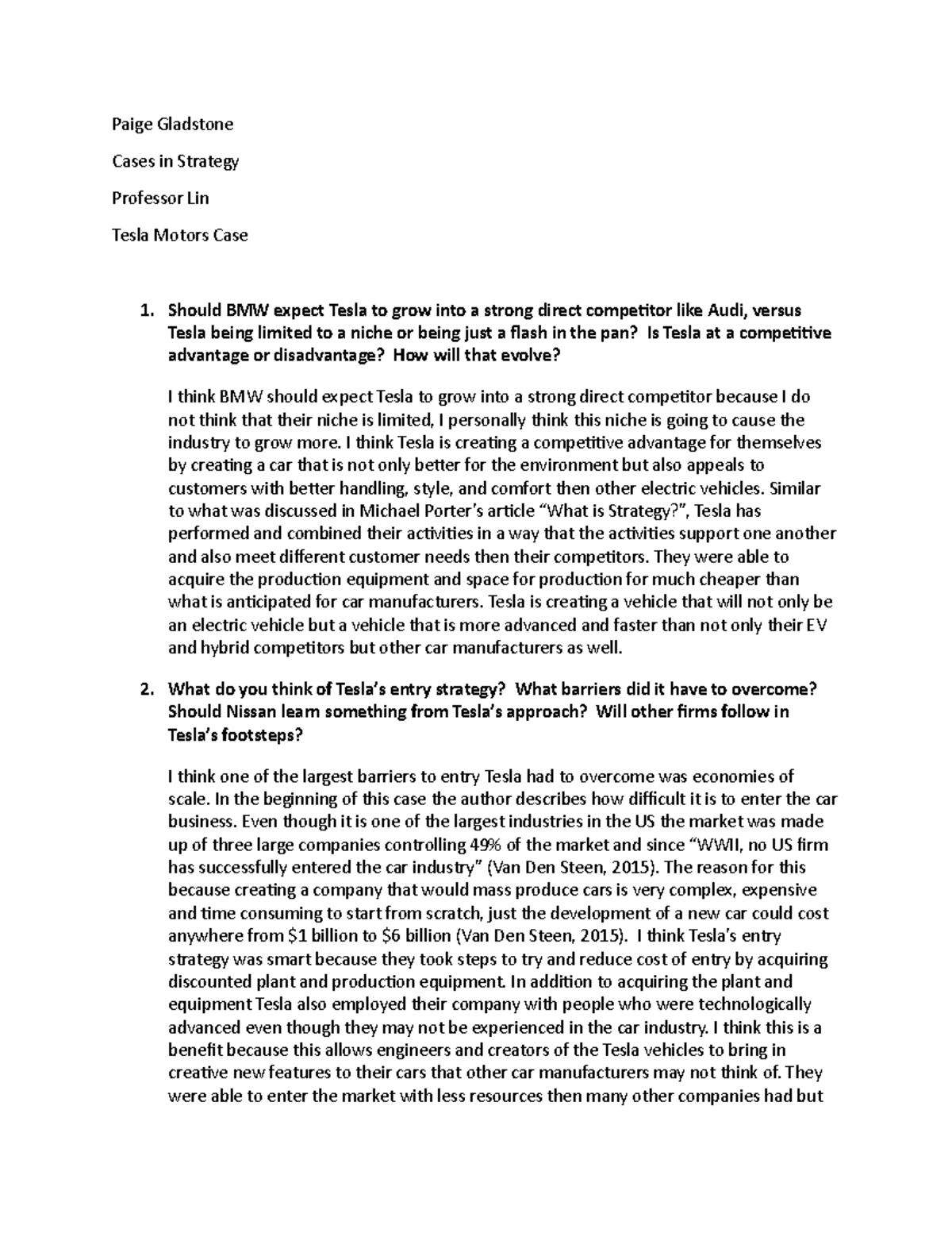 Tesla Motors Case Analysis: Strategies and Industry Evolution - Studocu