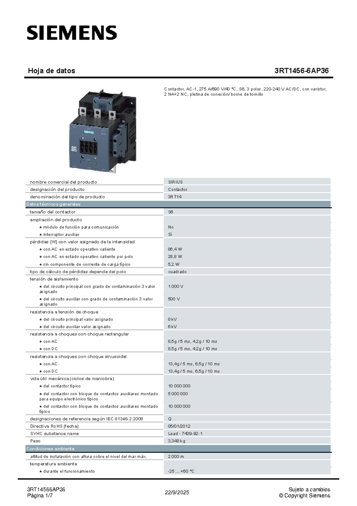 Hoja de Datos del Contactor 3RT14566 AP36 con Varistor y 2 NC - Studocu