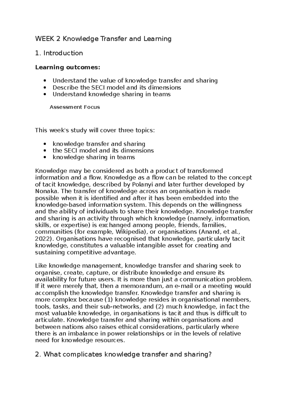 Week 2 - Knowledge Transfer and Learning - WEEK 2 Knowledge Transfer ...