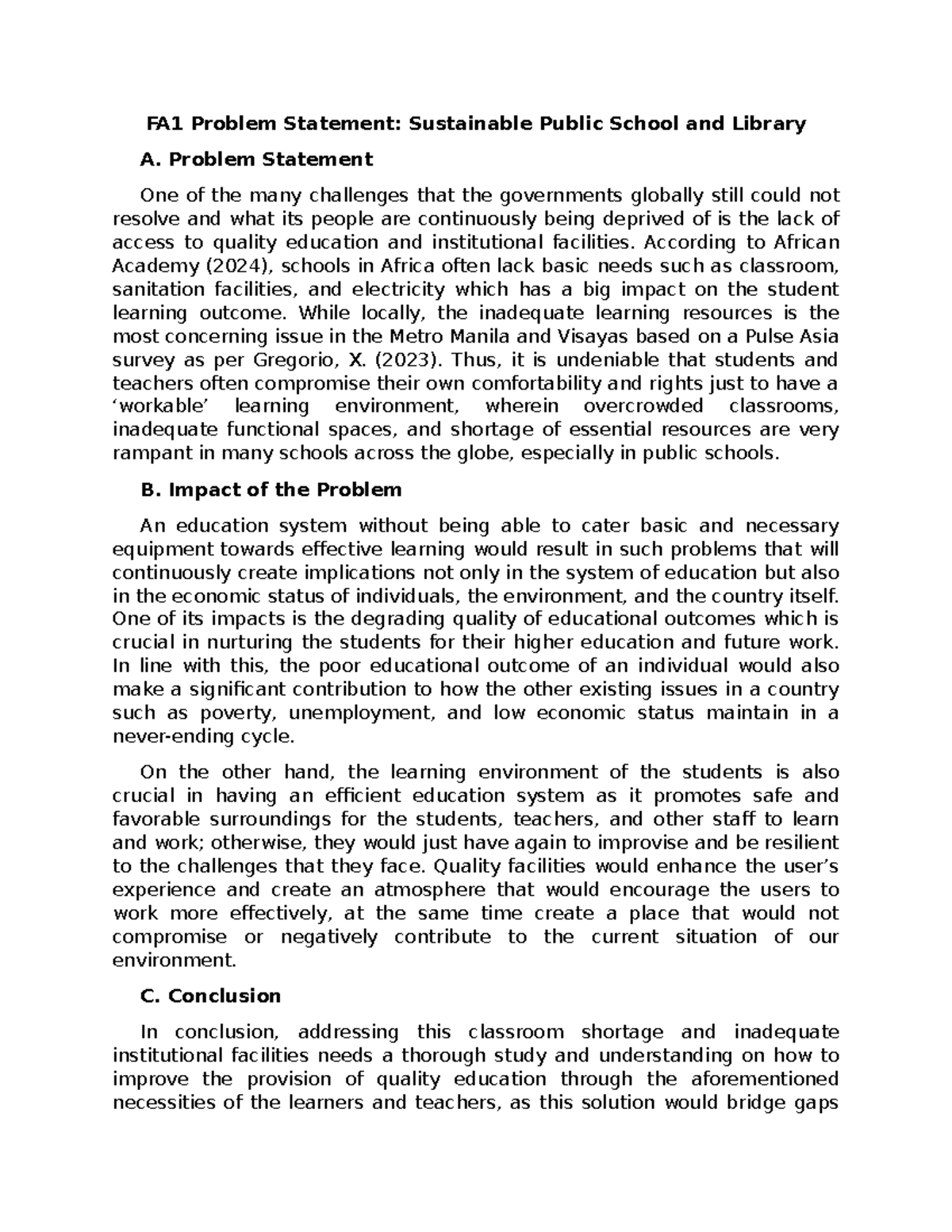 FA1 Problem Statement: Addressing Public School & Library Needs - Studocu
