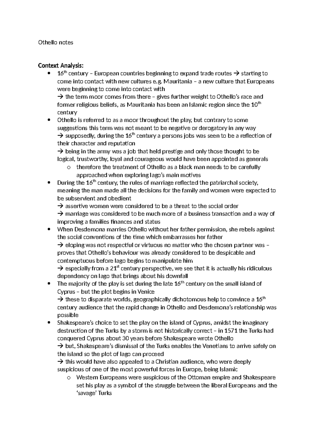 Othello Notes: Contextual Analysis of 16th Century Themes - Studocu