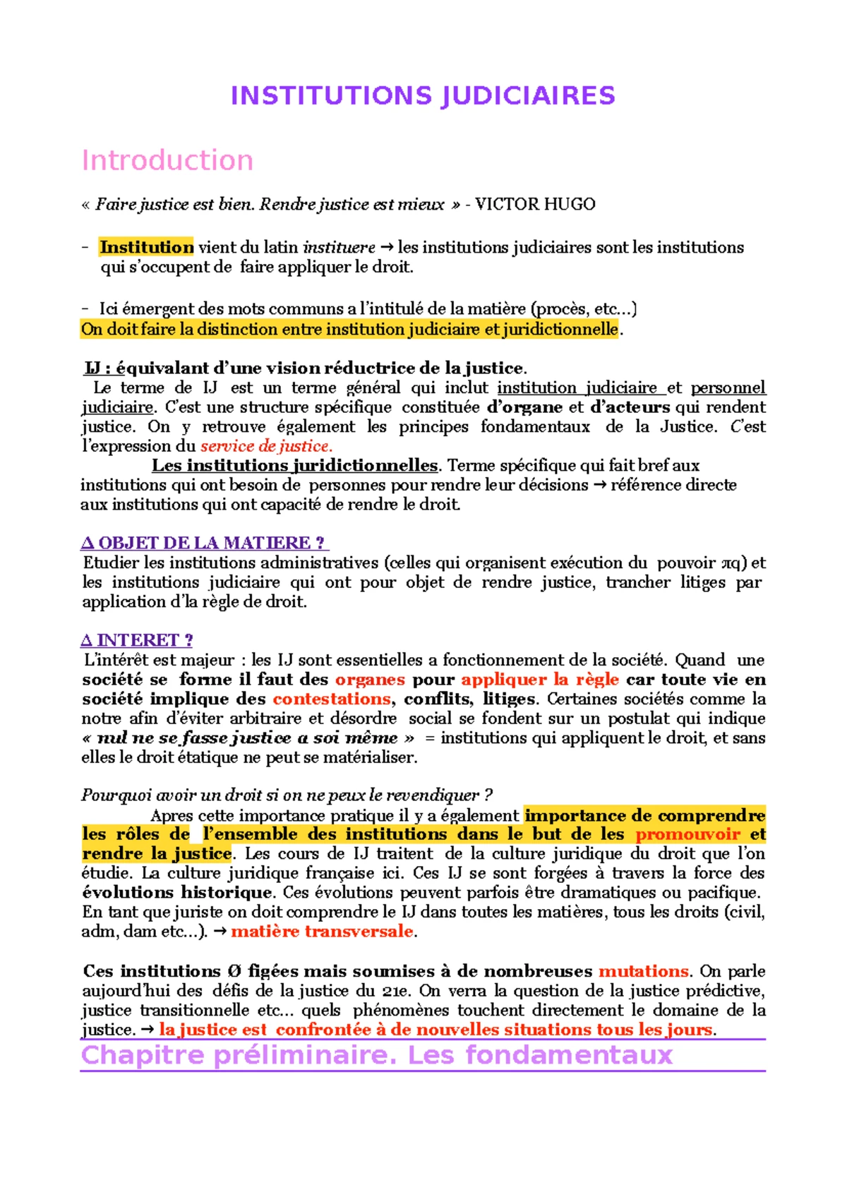 Cours Complet : Institutions Judiciaires - Licence I Sem I 2023/24 ...