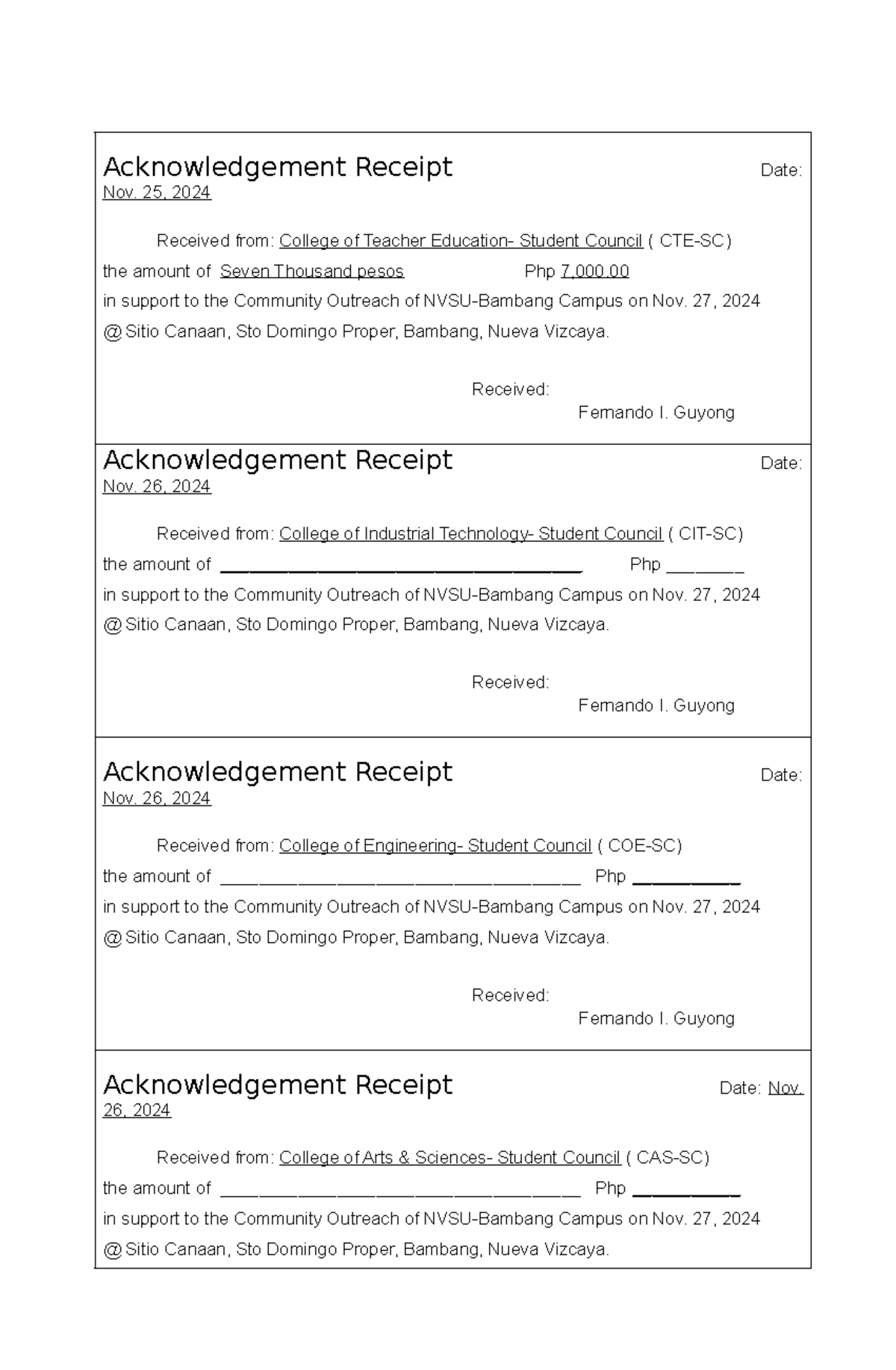 Acknowledgement Receipt Date - 25, 2024 Received from: College of ...