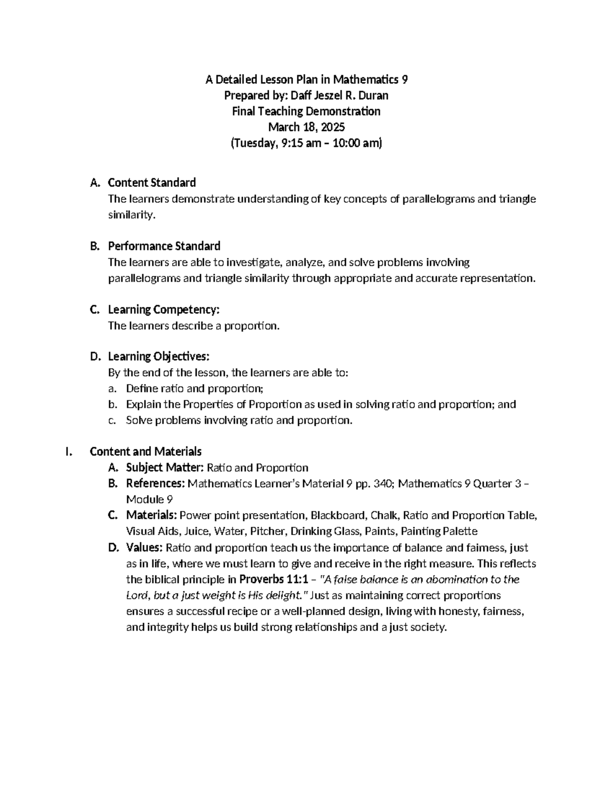 Mathematics 9 Final Lesson Plan: Understanding Ratios & Proportions ...