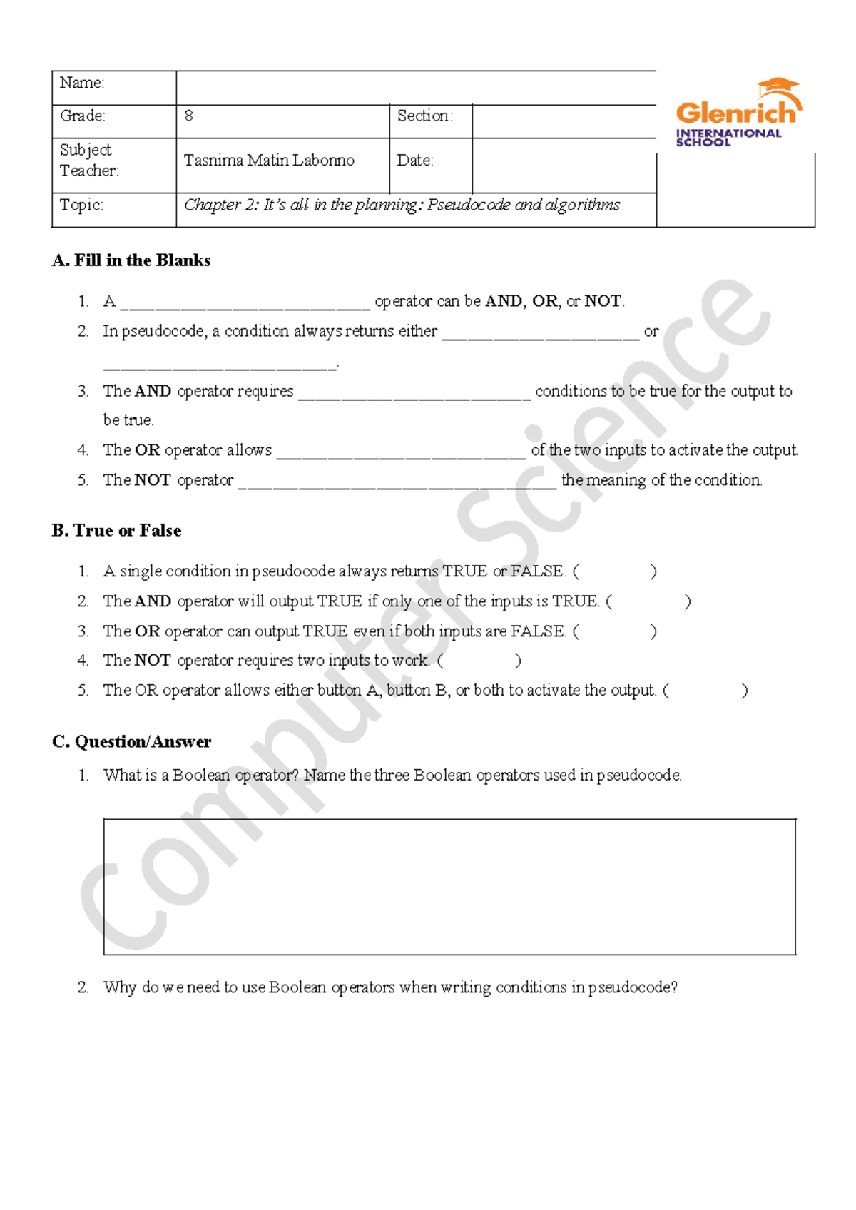 G8 Chapter 2 Worksheet: Pseudocode & Boolean Operators - Studocu