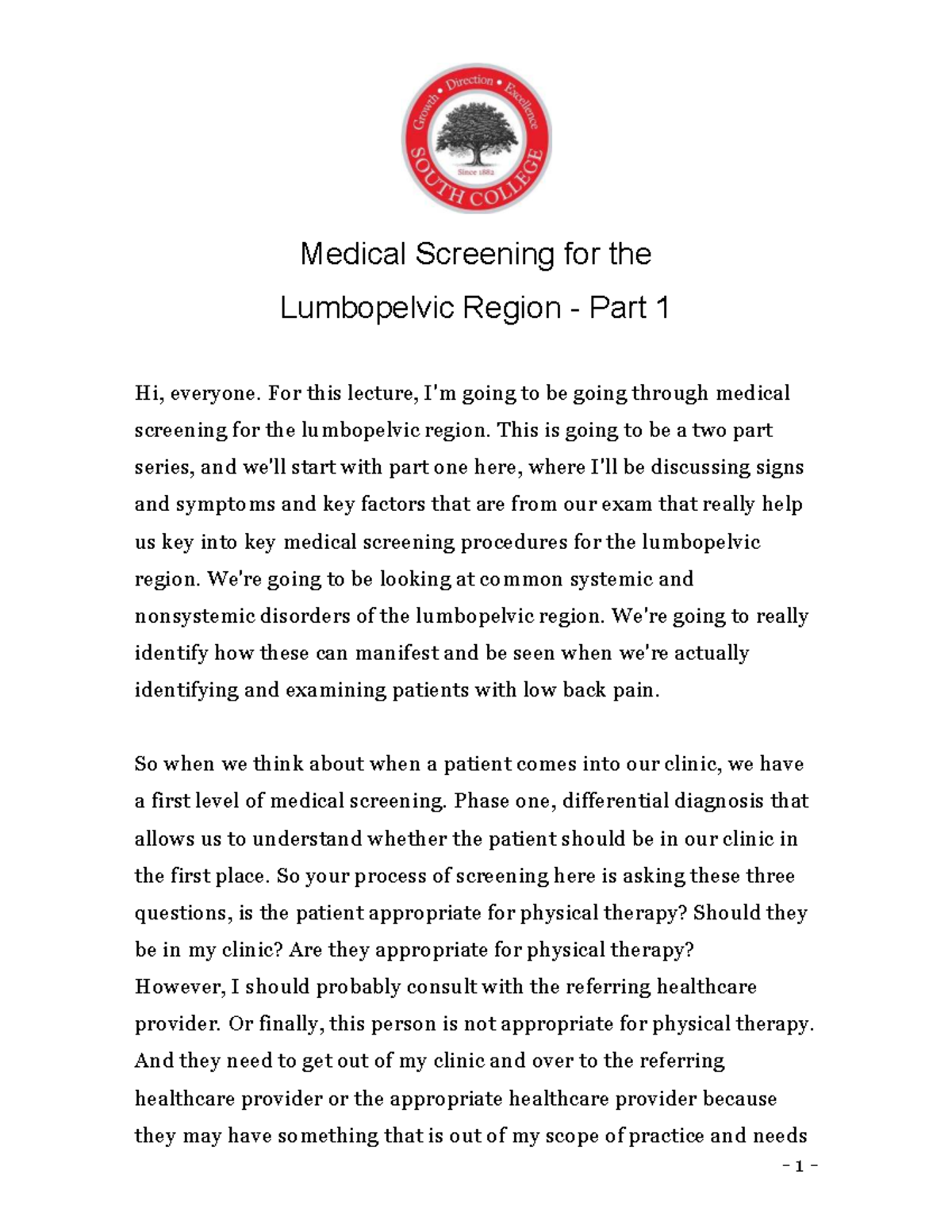 Medical Screening for the Lumbopelvic Region - Part 1 Lecture Notes ...