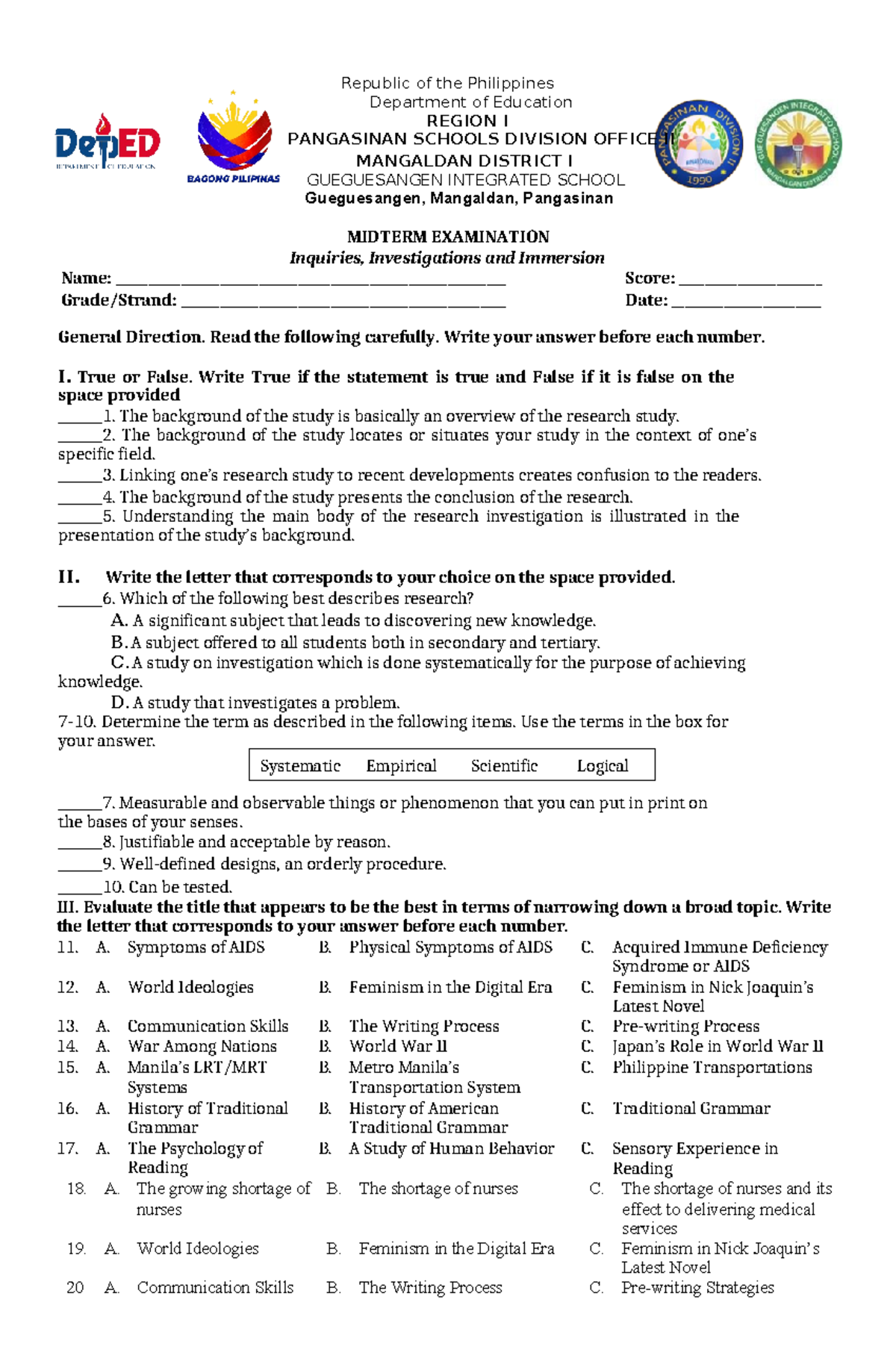 24-25 III 3rd Quarter Exam - Republic of the Philippines Department of ...