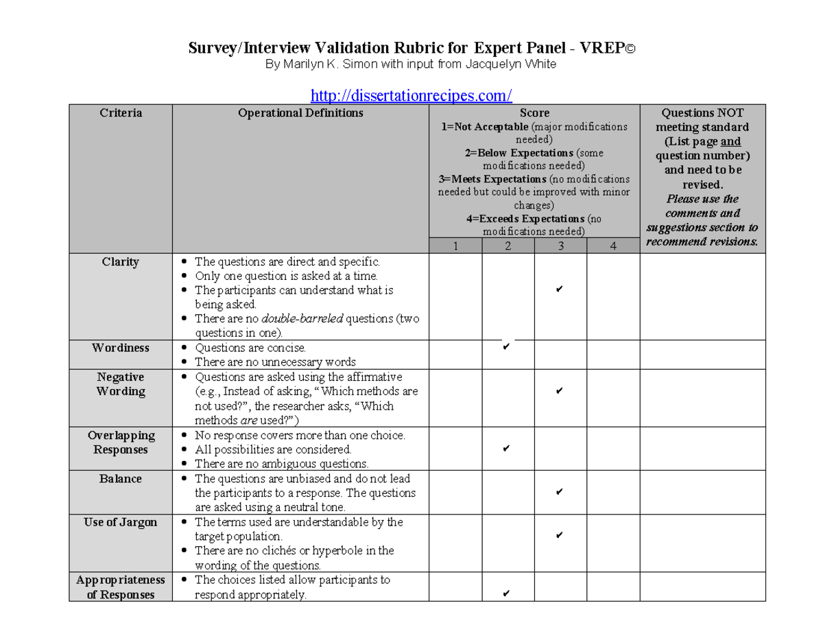 Validation Rubric for Expert Panel Interview Questions (LH) - Studocu