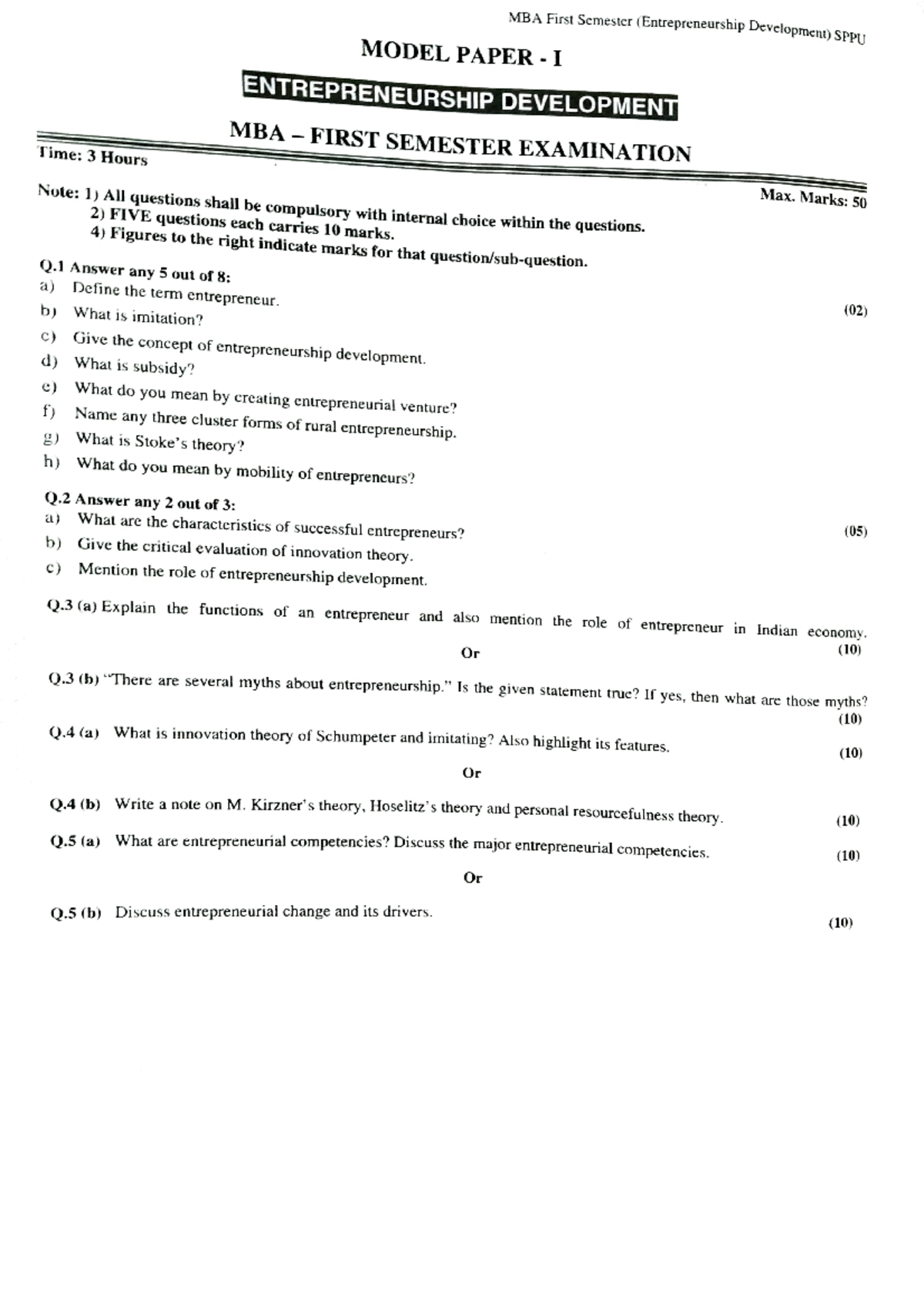 MBA 1st Semester Entrepreneurship Development Model Paper - I - Studocu