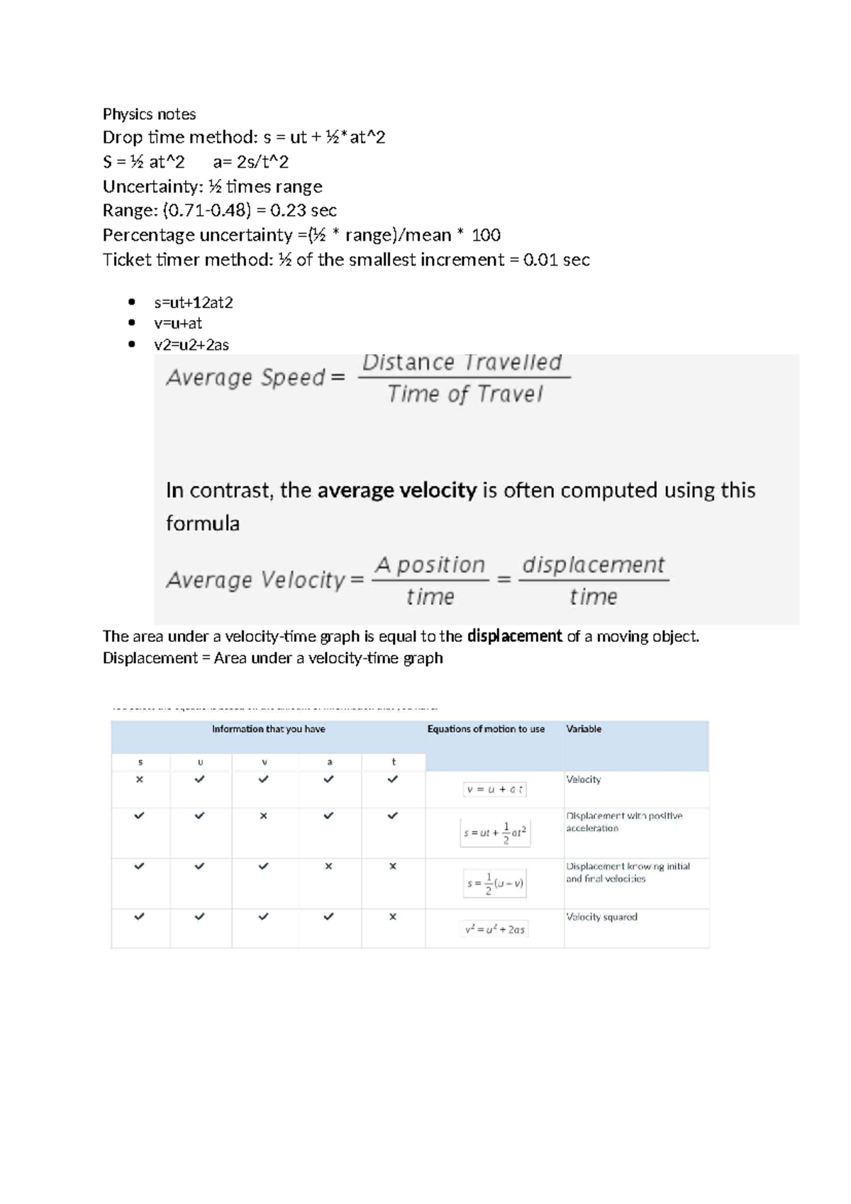 Physcis notes - Physics notes Drop time method: s = ut + ½*at^ S = ½ at ...