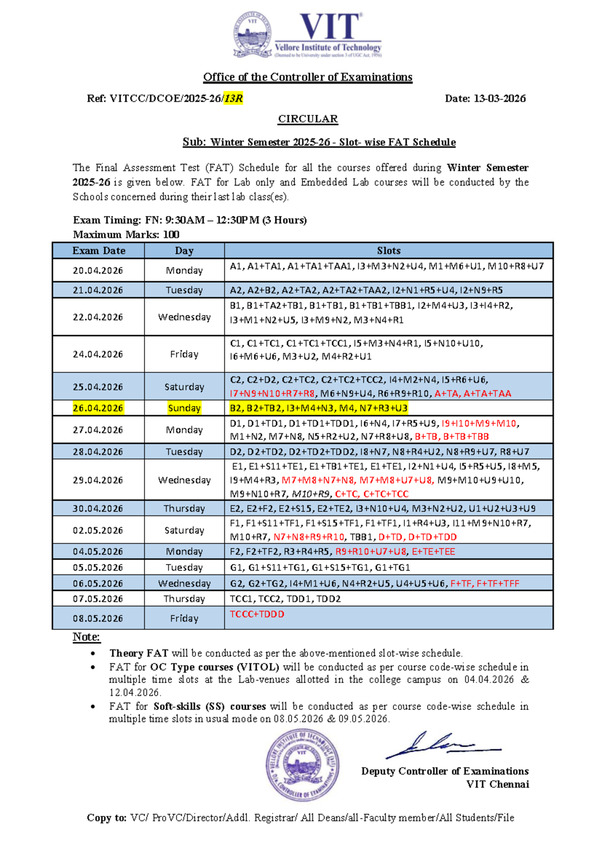 Winter Semester 2025-26 FAT Schedule - Revised - Studocu