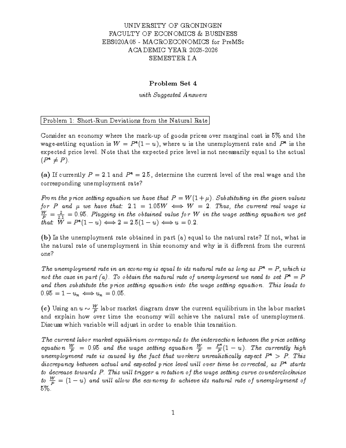 EBS020A05 Macroeconomics PreMSc Problem Set 4 Solutions - Studeersnel