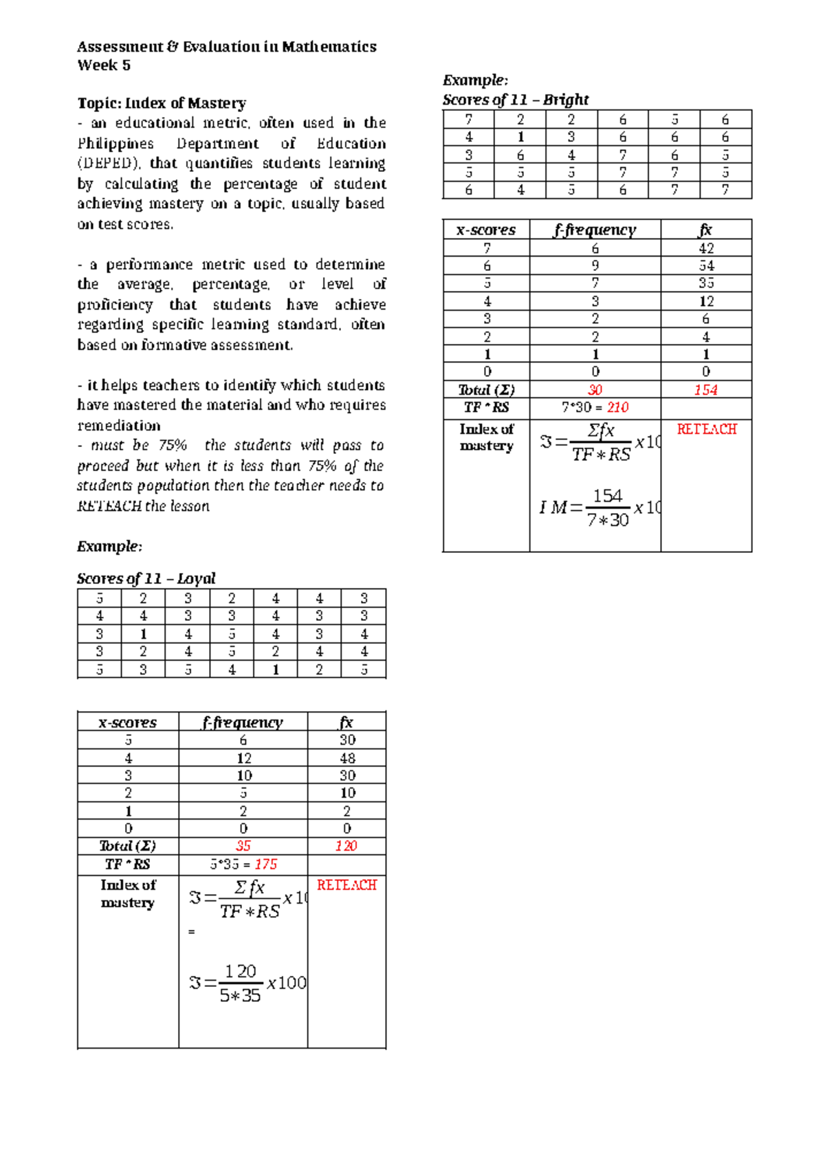 Index of Mastery - Assessment Evaluation in Math (Week 5) - Studocu