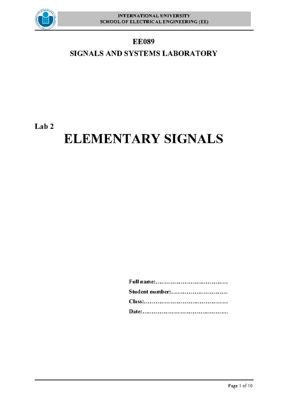 Lab 2 Elementary Signals - SCHOOL OF ELECTRICAL ENGINEERING (EE) EE ...