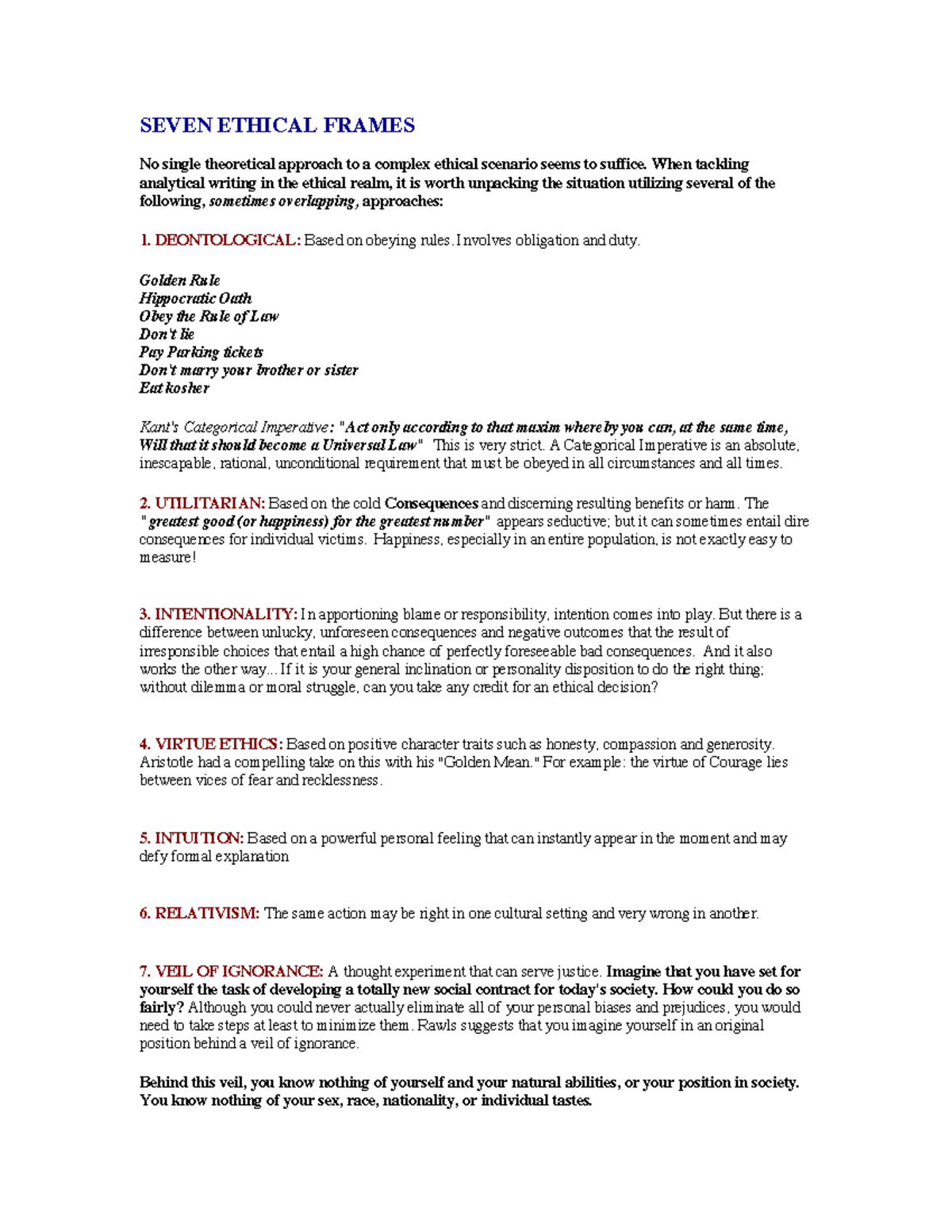 SEVEN ETHICAL FRAMES: Analyzing Complex Ethical Scenarios - Studocu