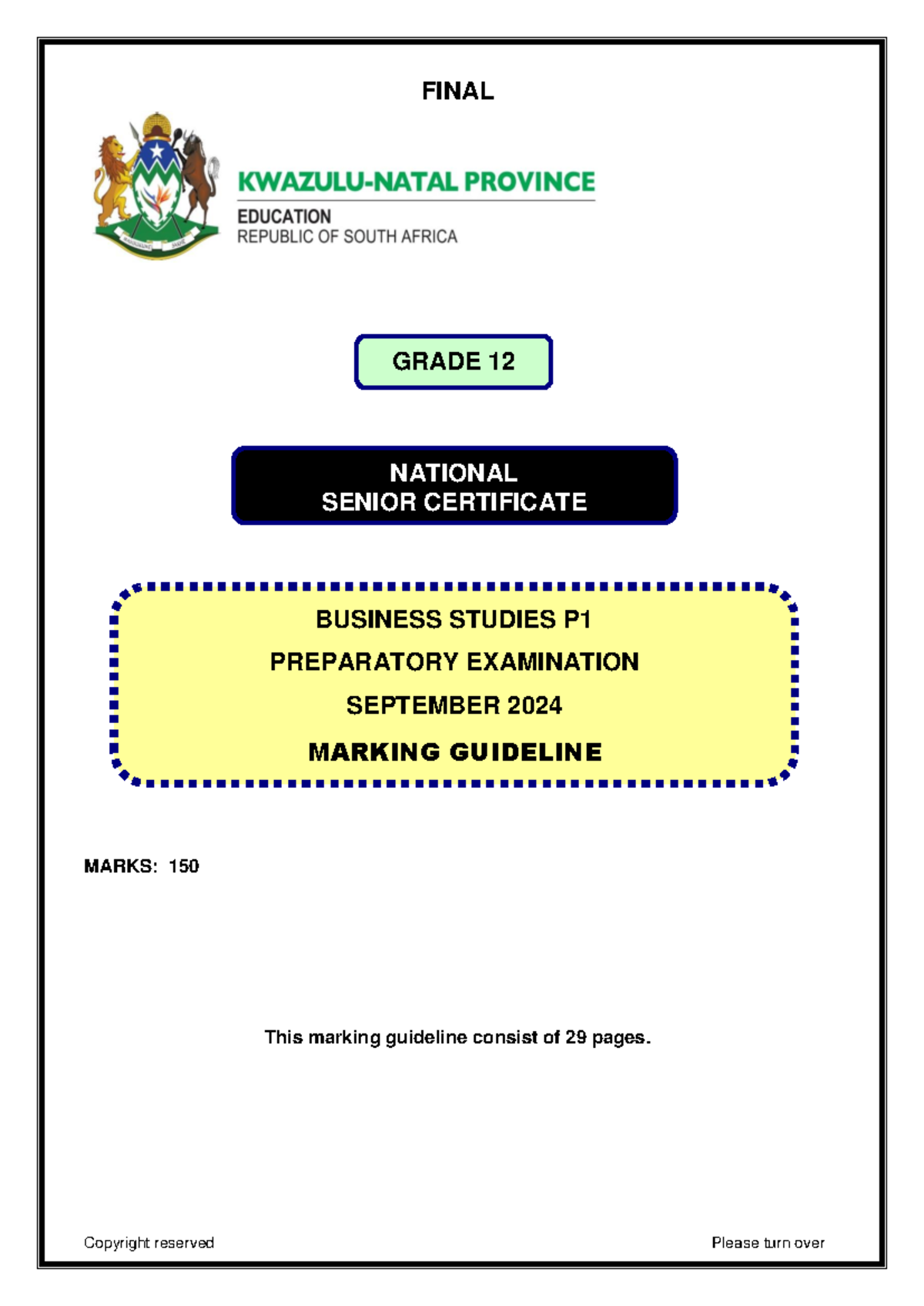Business Studies P1 Grade 12 September 2024 Final Exam Marking Guide ...