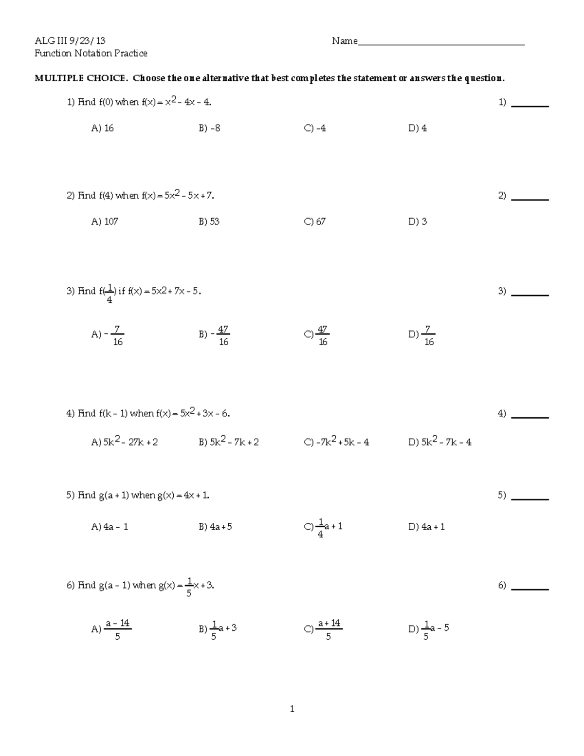 9 23 13HWFunction Notation - ALG III 9/23/13 Name ...