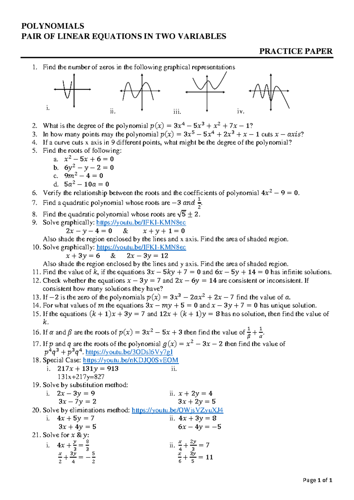 Polynomials & Linear Equations Practice Paper - Maths 101 - Studocu