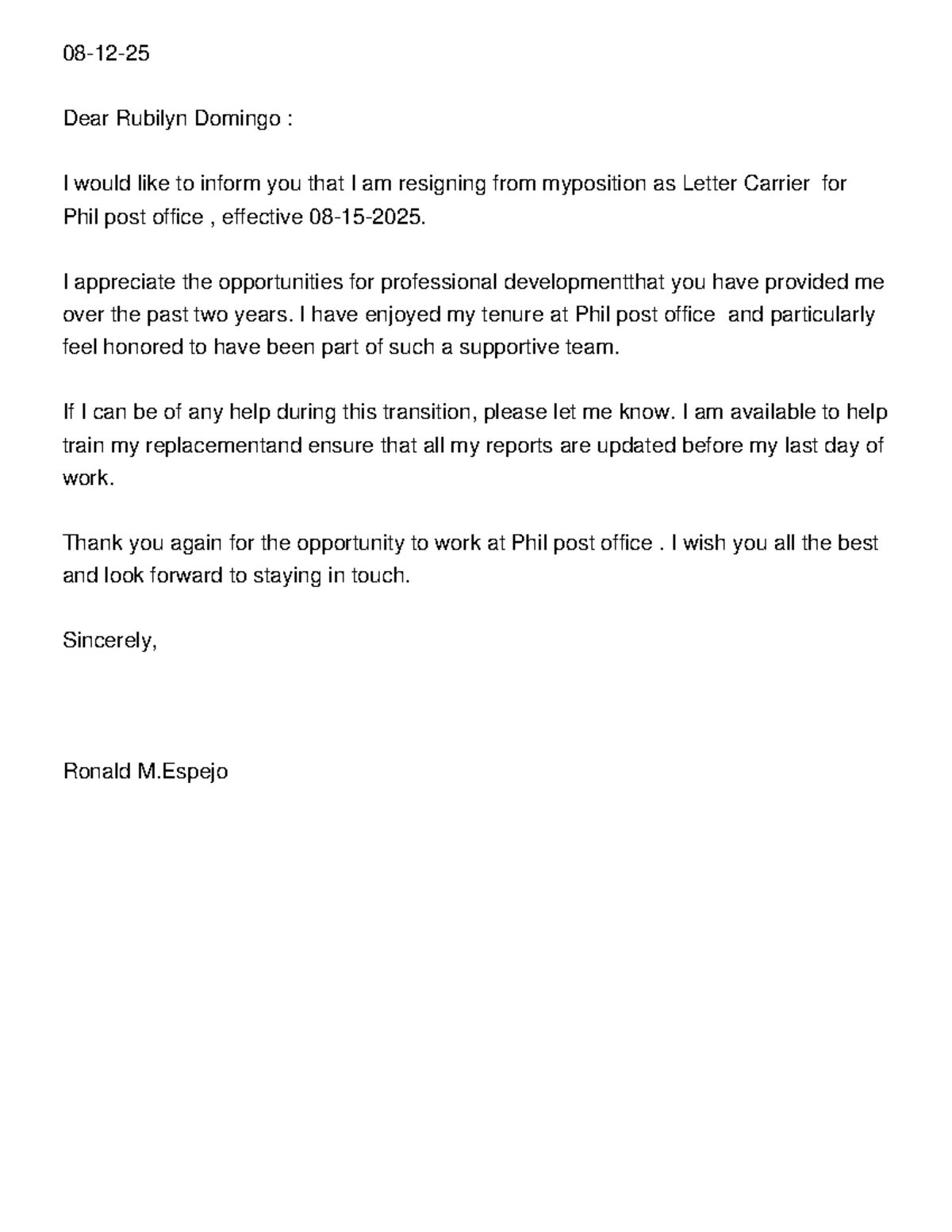 Resignation Letter from Ronald M. Espejo - Phil Post Office - Studocu